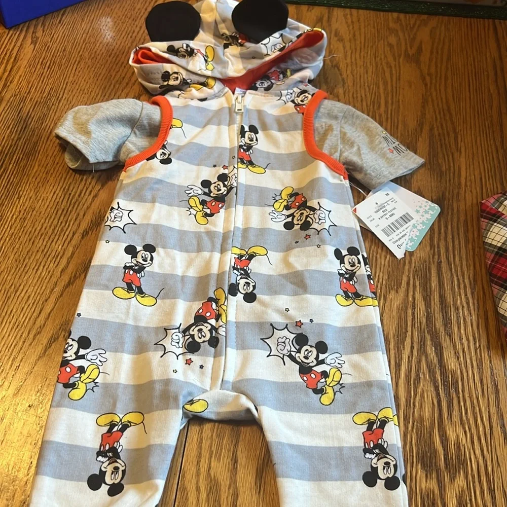 Disney & Carters 3-6 month NWT plaid shirt and romper bundle with socks